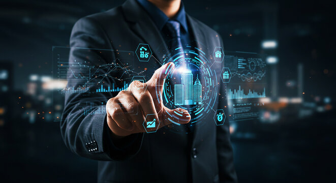 Cybersecurity concept. Businessman touching glowing padlock hologram for data protection and network security on a digital interface. - Powered by Adobe