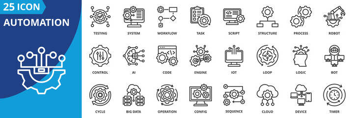 Fototapeta na wymiar automation icon set collection in outline style. an icon pack contain robot, script, workflow, process, task, testing