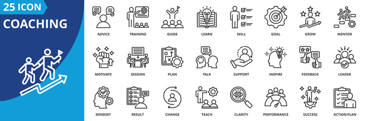 coaching icon set collection in outline style. an icon pack contain mentor, guide, train, learn, grow, skill, goal