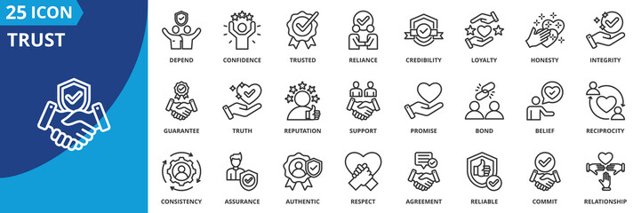 trust icon set collection in outline style. an icon pack contain loyalty, honesty, reliance, credibility, integrity, confidence, depend