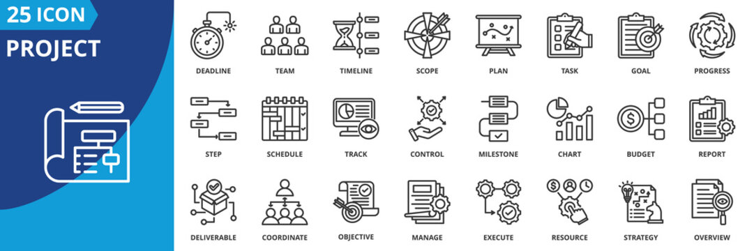project icon set collection in outline style. an icon pack contain plan, task, goal, timeline, team, deadline, scope 