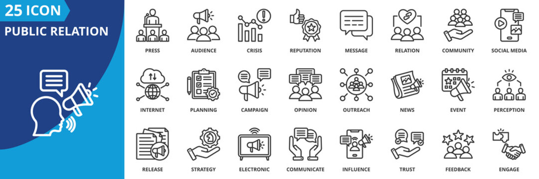 public relation icon set collection in outline style. an icon pack contain press, audience, crisis, reputation, message, relation, community