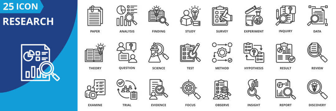 research icon set collection in outline style. an icon pack contain study, inquiry, analysis, experiment, survey, data, finding