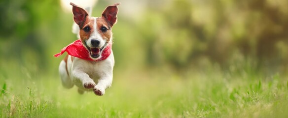 The happy dog in a red scarf joyfully running through a green field.