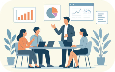 Business team meeting with presentation of charts and graphs in an office environment setting