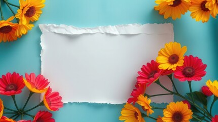 Floral Card: Bright daisies frame torn paper on a calming blue backdrop, perfect for personalized messages.