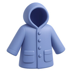 3D render of a blue hooded raincoat with buttons and pockets, isolated on white. Ideal for rainy weather, outdoor, or fashion visuals
