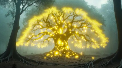 Flickering golden orbs awakening ancient oak tree emitting pulsing halo in misty forest - Powered by Adobe