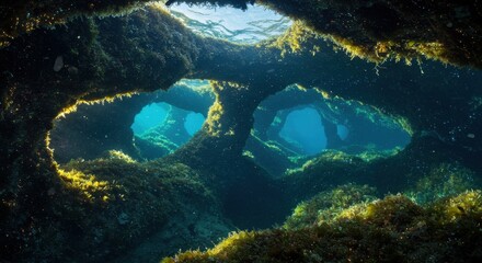 Submerged labyrinth An underwater world of seaweedcovered rock formations