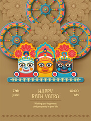 Happy Rath Yatra holiday poster in paper cut style. Lord Jagannath, Balabhadra and Subhdra. Indian religious festival celebration