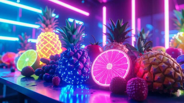 Pineapples, citrus fruits, grapes, and berries glow under neon lights.