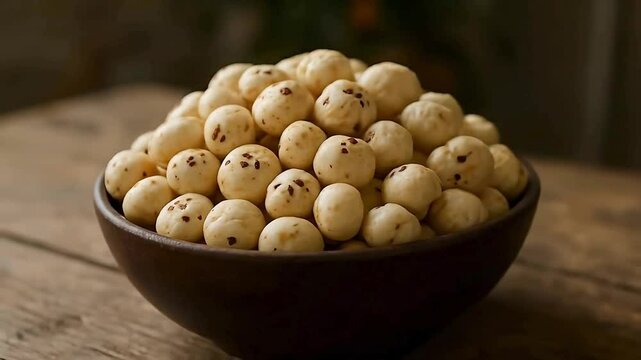 Wooden Bowl Full of Roasted Makhana or Fox Nuts &ndash; Healthy Indian Snack Made from Lotus Seeds, Perfect for Diet, Weight Loss, and Vegan Nutrition Concepts