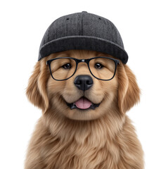 Happy golden retriever puppy in glasses and baseball cap image isolated transparent. Trendy pup fashion accessories cut out photo png. Quirky pet domestic animal cutout photography