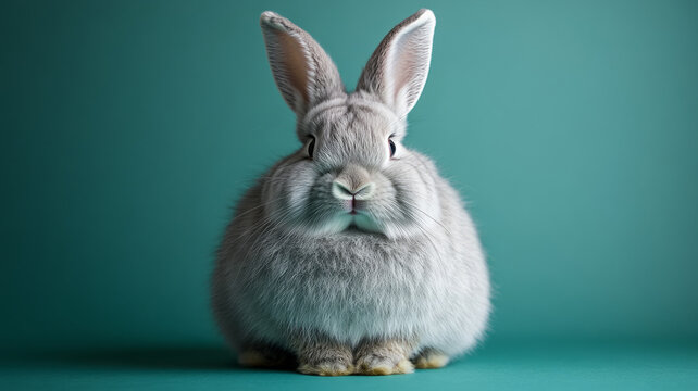Fluffy gray rabbit on teal background, facing forward. - Powered by Adobe