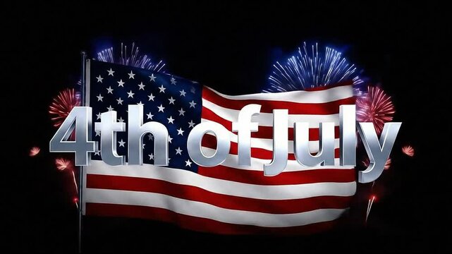 Happy 4th of July Celebration with American Flag and Fireworks on Black Background &ndash; Patriotic Independence Day Graphic for USA Holiday, Events, and Festive Designs