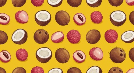 Tropical treat A playful pattern of coconuts  lychees on a mustard background