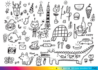 Collection of hand drawn cute doodles,Doodle children drawing,Sketch set of drawings in child style,Funny Doodle Hand Drawn,Page for coloring, cute animal hand drawn, cute Doodle