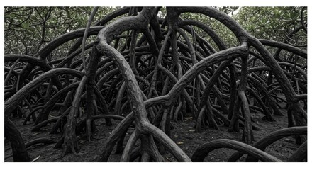 Twisted roots of mangrove trees form an arching tunnel a dark canopy overhead