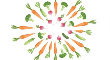 Veggie Kaleidoscope Circular medley of carrots broccoli radishes  zucchini