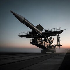Missile Transporter at Dawn: Silhouette Against a Misty Sky