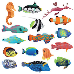 Fototapeta premium Exotic colorful tropical fish fishes collection set isolated