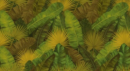 Verdant tropics Palm fronds interweave in shadowy green  golden fronds