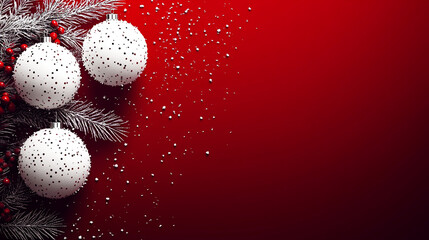 Festive holiday image featuring white Christmas ornaments with sparkling details on a vibrant red background