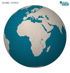 Vector Globe centered to Africa. Teal Blue Pale Pink palette. World map with meridians, parallels, countries, rivers and lakes. Elegant vector illustration.