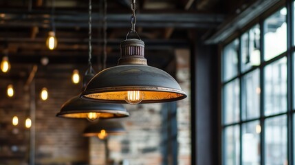 Warm industrial lighting creating an inviting ambiance in a converted warehouse