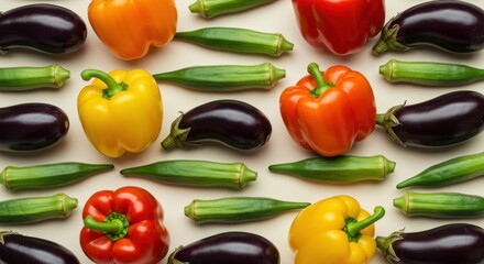 Vibrant veggie collage eggplants bell peppers okra arranged symmetrically