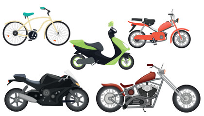 Obraz premium Classic color flat realistic motorcycle moped, speed motorbike, travel motorcycle, power moto bikes collection set