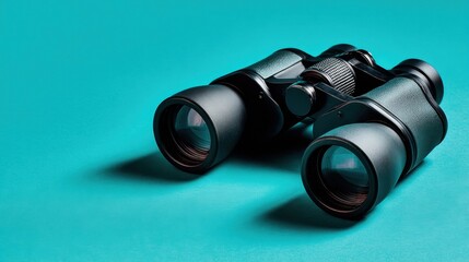 Binocular-style telescope on smooth teal background with shallow focus