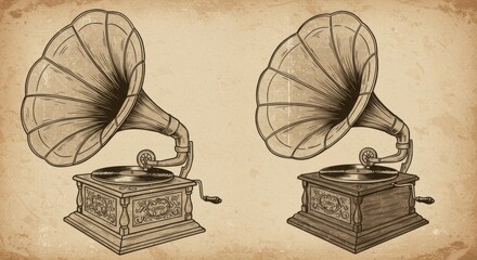 Vintage dual phonographs evoking nostalgia in a sepiatoned textured background