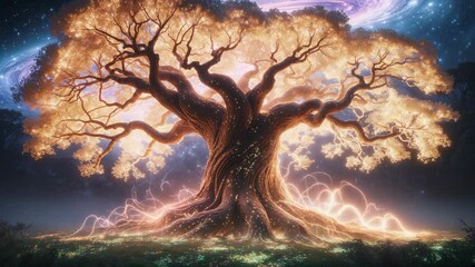 Pulsing galactic energy lighting ancient gnarled tree in clearing glowing golden leaves, blue light - Powered by Adobe
