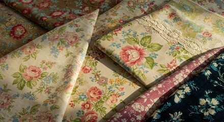 Vintage floral fabrics in muted tones softly lit stacked casually