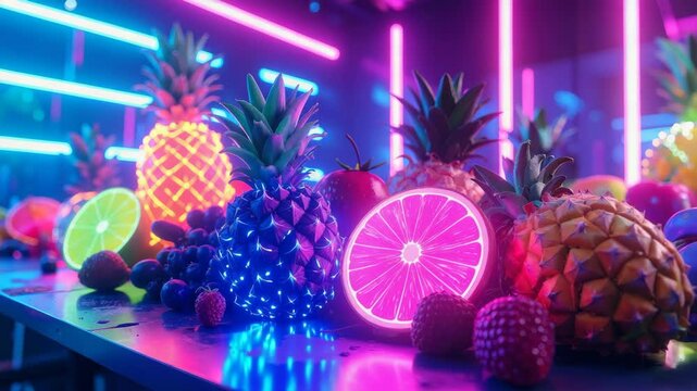 Pineapples, citrus fruits, grapes, and berries glow under neon lights.