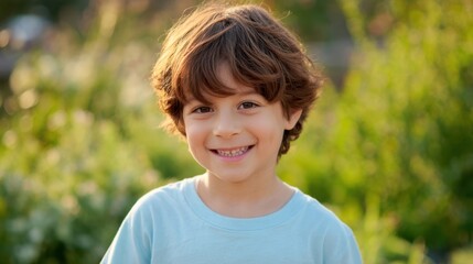 The smiling boy enjoying a sunny day in a green outdoor setting.