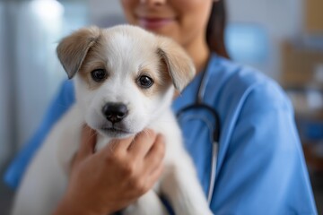 Female veterinarian holding adorable puppy in clinic setting