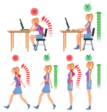 Correct and uncorrect bad sitting and walking position. Walking woman. Sitting woman. Back pain feeling and spinal injuries