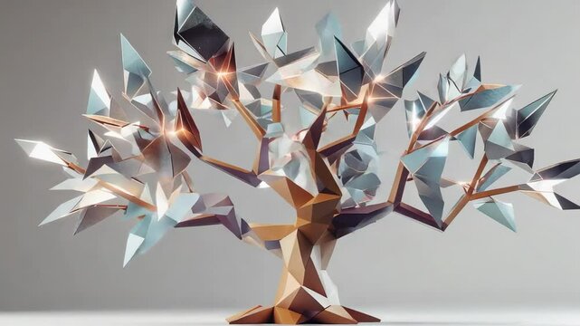 Emitting glowing pulses pivoting metallic leaves on polygon tree in gray studio, with orange lights
