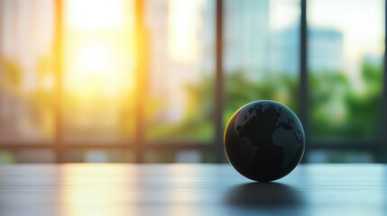 Black globe sitting on a table in an office, symbolizing a love for travel and global exploration.
