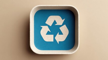 Recycling bin top view, blue lid on beige background with minimal design