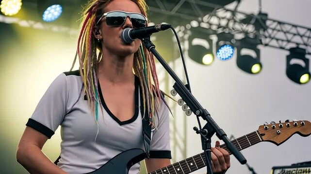 Powerful female vocalist rocks the stage guitar in hand electrifying performance unforgettable energy