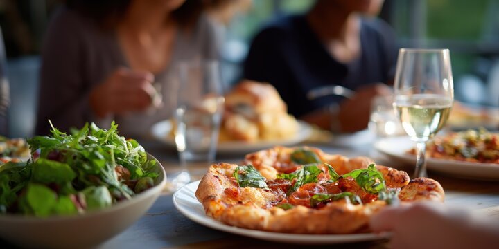 Group dining with freshly baked pizza and salad in a cozy restaurant setting - Powered by Adobe