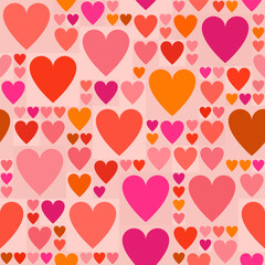 Romantic seamless heart pattern in shades of pink and red with a soft square background