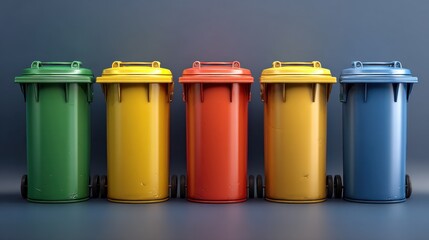Row of colored bins spaced evenly on a grey-blue gradient backdrop