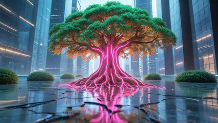 Pulsing neon tree emitting glowing light across futuristic plaza with mirrored tiles, green canopy - Powered by Adobe