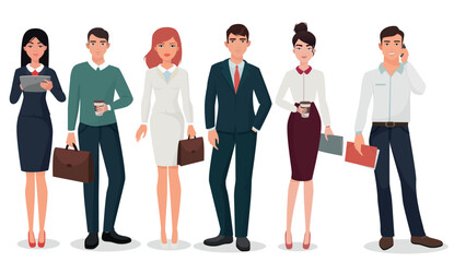 Obraz premium Young Office business people with suitcases and gadgets collection