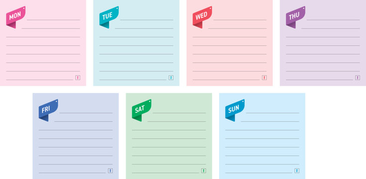 seven days names on colored squares papers. colored papers and days of the week concept. seven days and colored note papers for education, business