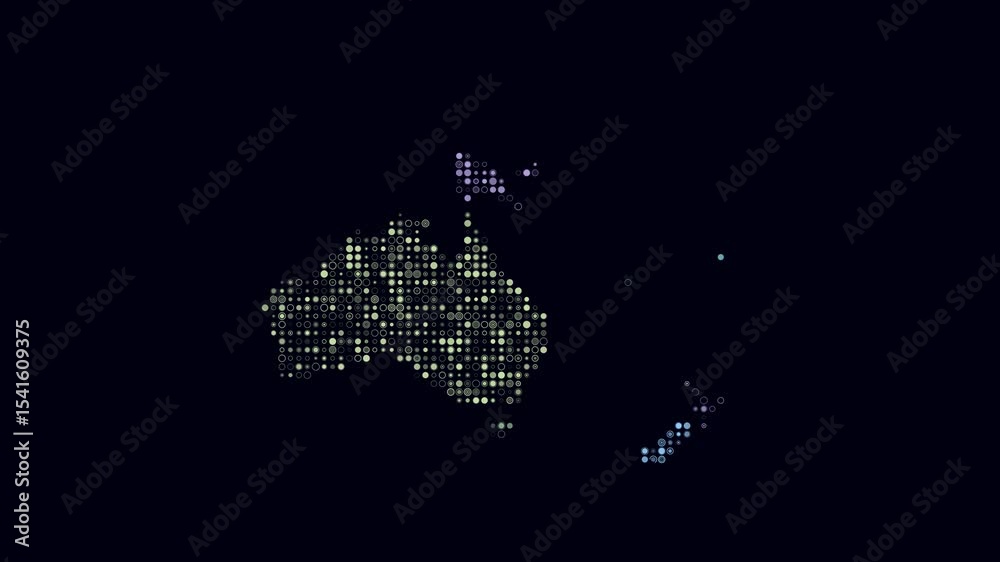 Poster oceania dotted animation. shape of the continent build of pulsating colored dots. small size circle 